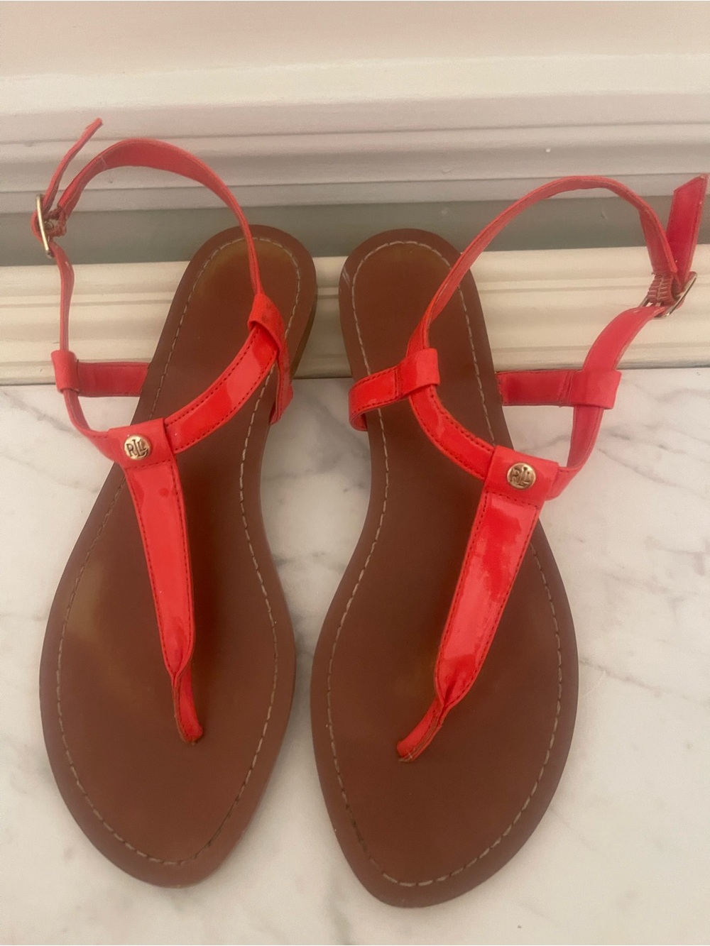 Ralph Lauren Orange Patent T-Strap Sandals